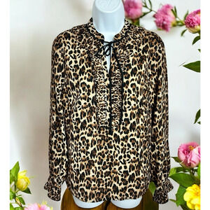 IMNYC Isaac Mizrahi Animal Print Blouse Sz S V-Neck Long-Sleeve Pleated Collar